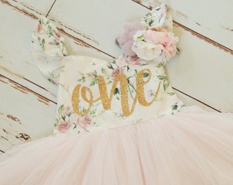 Baby Girls First Birthday Dress in Soft Blush Pink Floral Dress Second Birthday Summer Party Dress