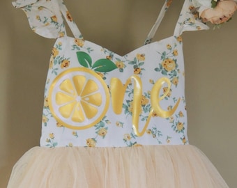 Sweet One Lemon First Birthday Dress Soft Yellow Floral Print Dress for Baby Girl