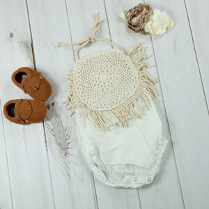 Boho Headband and Fringe Romper Baby Moccasins Backless Romper Wild One Birthday Girl Boho Baby Girl Birthday Outfit Birthday Outfit