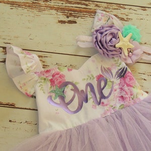 Mermaid First Birthday Dress for Baby Girl Lavender Floral Baby Dress image 3