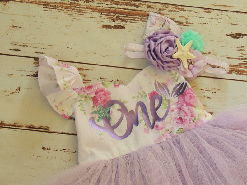 Mermaid First Birthday Dress for Baby Girl Lavender Floral Baby Dress image 3