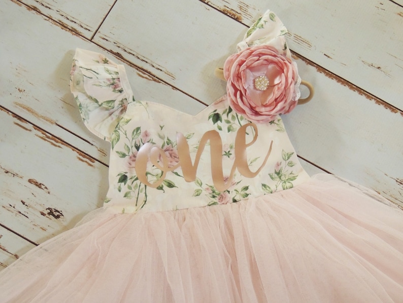 Baby Girls Second Birthday Dress in Soft Blush Pink Floral Dress Second Birthday First Birthday Summer Party Dress image 3