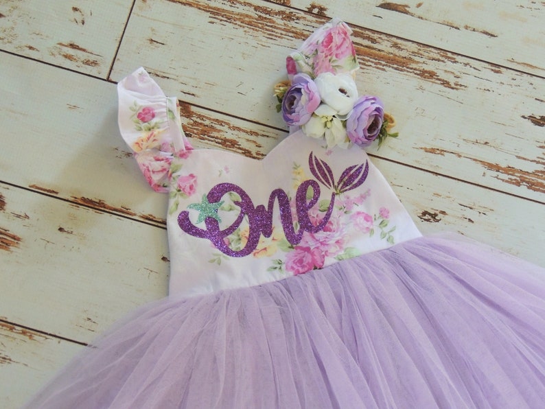 Mermaid First Birthday Dress for Baby Girl Lavender Floral Baby Dress image 2