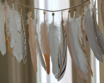 Natural Feather Garland Peach Ivory Black with Gold Tipped Feathers Feather Banner Nursrey Decor Boho Party Decor Boho Home Decor