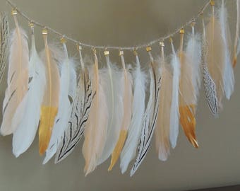 Natural Feather Garland Peach Ivory Black with Gold Tipped Feathers Feather Banner Nursrey Decor Boho Party Decor Boho Home Decor