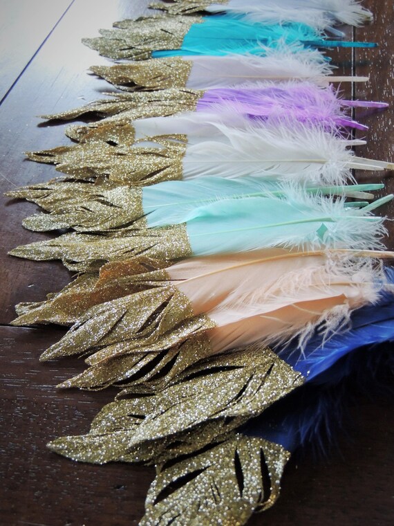 Elegant Fine Gold Glitter Dipped Feathers Feather Garland | Etsy