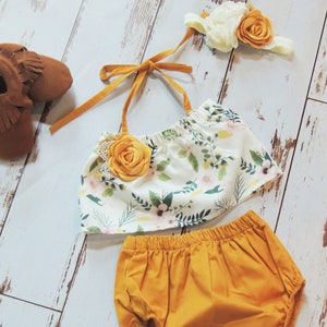 Floral Mustard romper Birthday Girl Outfit Baby Girl Outfit Romper Onesie Boho Baby Girl Newborn Romper Headband Moccasins Fall Outfit
