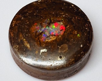 May include: A round, dark brown opal cabochon with a small, iridescent patch of color in the center. The opal is set in a dark brown matrix.