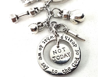 Fitness Keychain "What do we say to the God of death?" "Not Today" Dumbbell,last Bullet & Motivation.Personalized,Fitness,Bodybuilding GOT