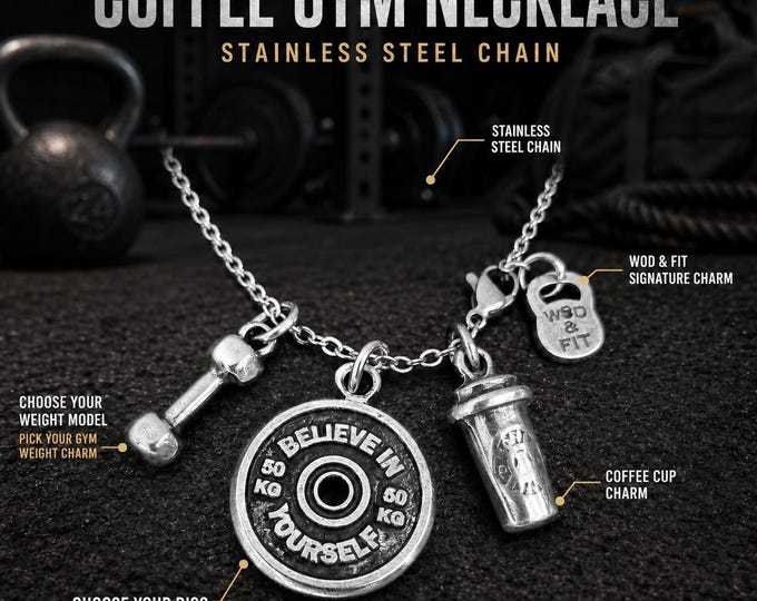 Coffee Gym Necklace with Motivational Weight Plate, Fitness Gift for Coffee Lovers, Gym Lovers and Weightlifting Wod & Fit