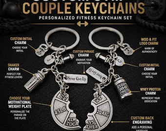 Personalized Couple Gym Keychains, Fitness Gift with Initials, Names, Date and Always Together Weight Plate · Wod & Fit