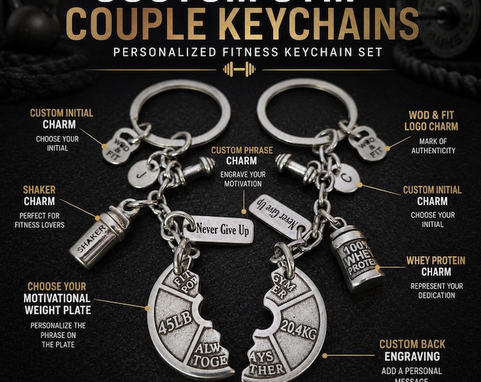 Personalized Couple Gym Keychains, Fitness Gift with Initials, Names, Date and Always Together Weight Plate · Wod & Fit