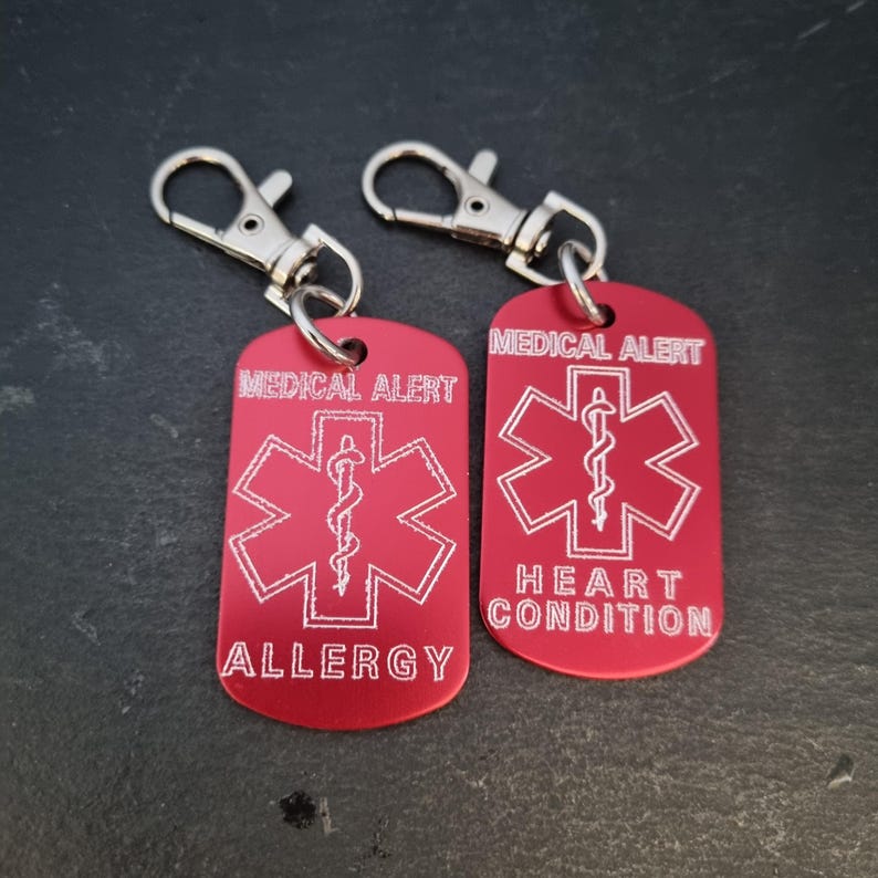 Medical Alert Keycahin Personalized Engraved Aluminum 50x30 - Medical ID Tag, Emergency Med Alert Keychain ICE Medical Information Tag image 11