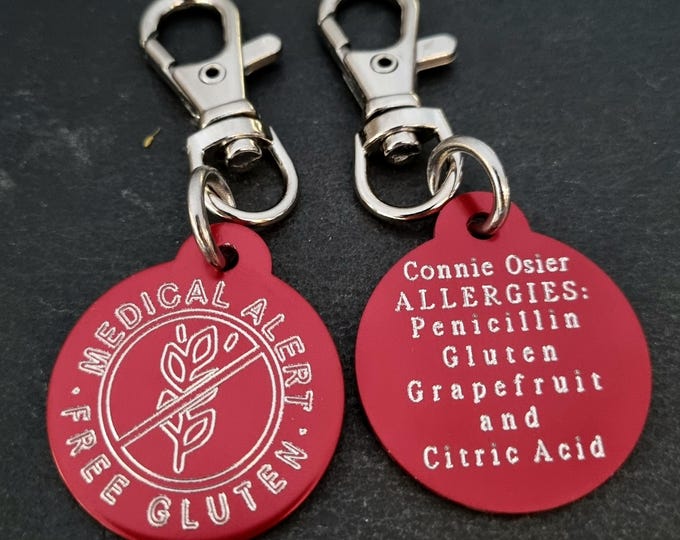 Emergency Celiac Disease  Gluten Allergy Warning Medical Alert Custom Engraved Aluminum Round 32mm No Gluten ·Gluten Free Gluten · Celiac