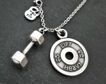 Gym Necklace Dumbbell and Weight Plate · Gym Necklace · Boyfriend Gift · Fitness Jewels · Coach Gift · Girlfriend Gift · BFF Gifts Wod & Fit