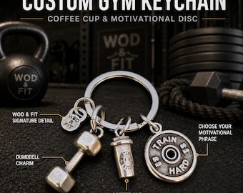 Coffee Gym Keychain with Motivational Weight Plate, Fitness Gift for Gym Lovers with Kettlebell, Dumbbell,Barbell or Boxing Gloves Wod & Fit