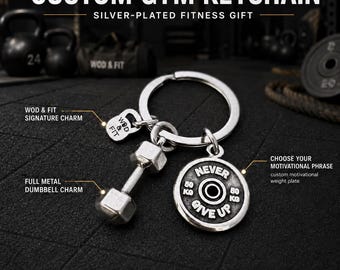 Motivational Gym Keychain with Dumbbell and Weight Plate, Fitness Gift for Gym Lovers, Coaches and Weightlifters · Wod & Fit