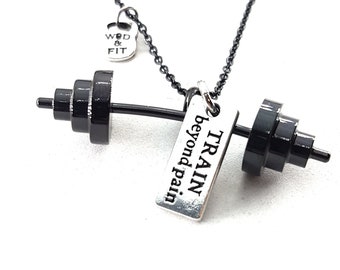 Necklace Power Clean Workout Barbell All Black Gun & Motivational Word Bodybuilding,Gym Gift,Barbell Jewelry,Weight Lifting,Fitness Jewelry