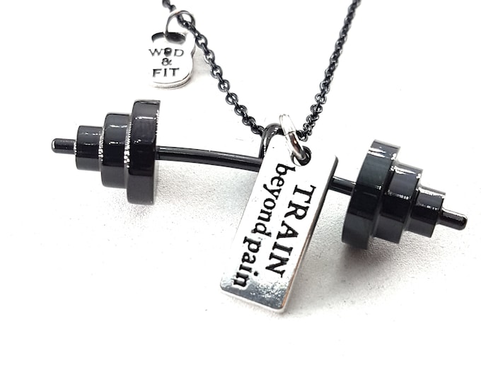 Necklace Power Clean Workout Barbell All Black Gun & Motivational Word Bodybuilding,Gym Gift,Barbell Jewelry,Weight Lifting,Fitness Jewelry