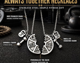 Weight Plate Always Together couple gym necklaces, split fitness necklace gift with custom back engraving for partners Wod & Fit