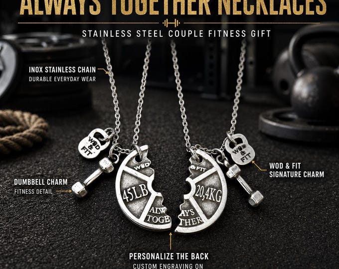 Weight Plate Always Together couple gym necklaces, split fitness necklace gift with custom back engraving for partners Wod & Fit