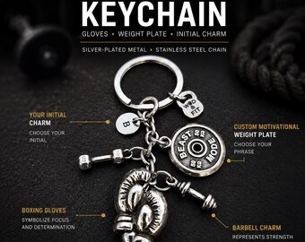 Personalized Boxing Keychain with Initial, Boxing Gloves Gift with Motivational Weight Plate, Dumbbell and Barbell - Boxing Gym - Wod & Fit