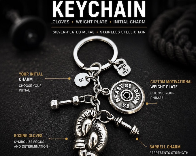 Personalized Boxing Keychain with Initial, Boxing Gloves Gift with Motivational Weight Plate, Dumbbell and Barbell - Boxing Gym - Wod & Fit