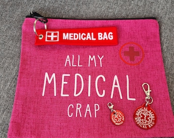 Emergency Pouch Medical Alert Medical Bag + Aluminum Tag · Emergency First Aid Pouch - Epipen Inside · Medical Alert Keychain - Diabetes