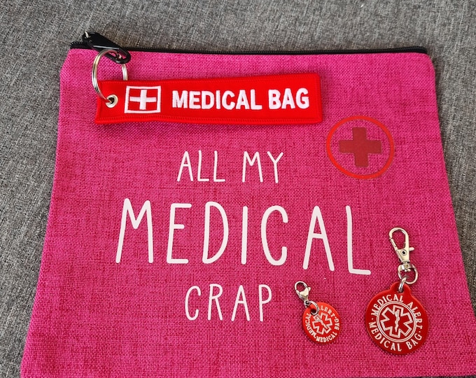 Emergency Pouch Medical Alert Medical Bag + Aluminum Tag · Emergency First Aid Pouch - Epipen Inside · Medical Alert Keychain - Diabetes