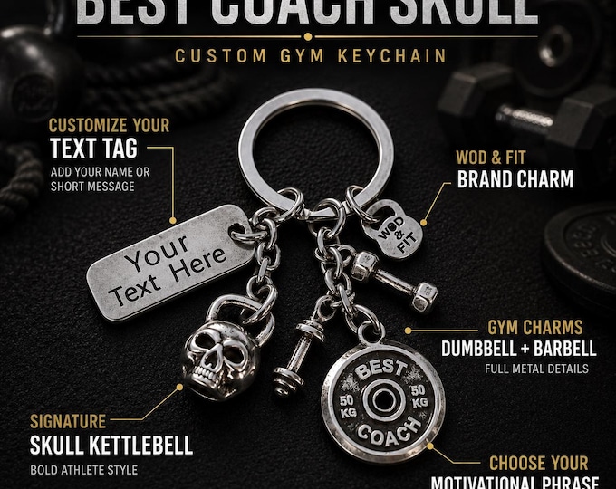 Personalized Gym Keychain with Name, Custom Fitness Gift with Motivational Disc, Engraved Tag, Skull Kettlebell, Dumbbell and Barbell·WodFit