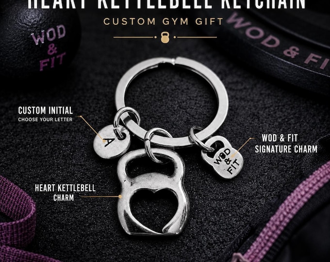 Kettlebell heart initial fitness keyring for women, personalized gym gift for fit girl, fitness mom, gym girl or coach · Wod & Fit