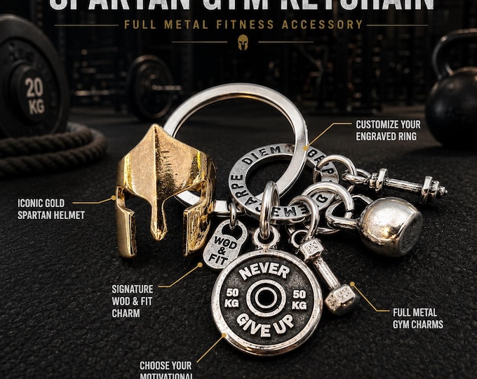 Warrior Keychain, Personalized Spartan Style Helmet Gift, Fitness Motivation Keyring with 50 kg Plate · Wod & Fit