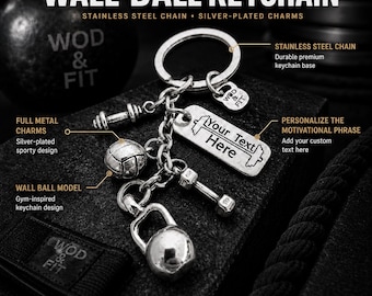 Functional Fitness Keychain, Personalized Gym Gift, Kettlebell Wall Ball Keyring, Workout Motivation Gift for Him Her Wod & Fit