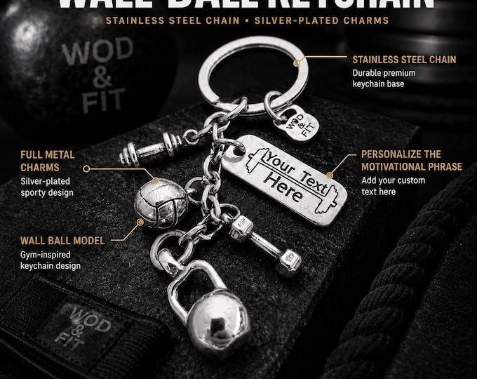 Functional Fitness Keychain, Personalized Gym Gift, Kettlebell Wall Ball Keyring, Workout Motivation Gift for Him Her Wod & Fit