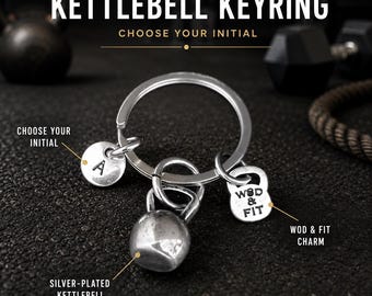 Personalized kettlebell initial keychain for fitness team, gym lover gift, athlete keepsake, trainer thank you or workout group Wod & Fit
