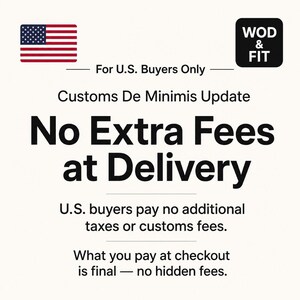 May include: A white informational graphic featuring the United States flag and the text WOD & FIT. It states Customs De Minimis Update, No Extra Fees at Delivery, noting that U.S. buyers pay no additional taxes or customs fees and checkout is final.