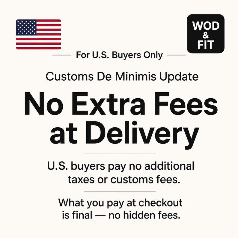 May include: A white informational graphic featuring the United States flag and the text WOD & FIT. It states Customs De Minimis Update, No Extra Fees at Delivery, noting that U.S. buyers pay no additional taxes or customs fees and checkout is final.