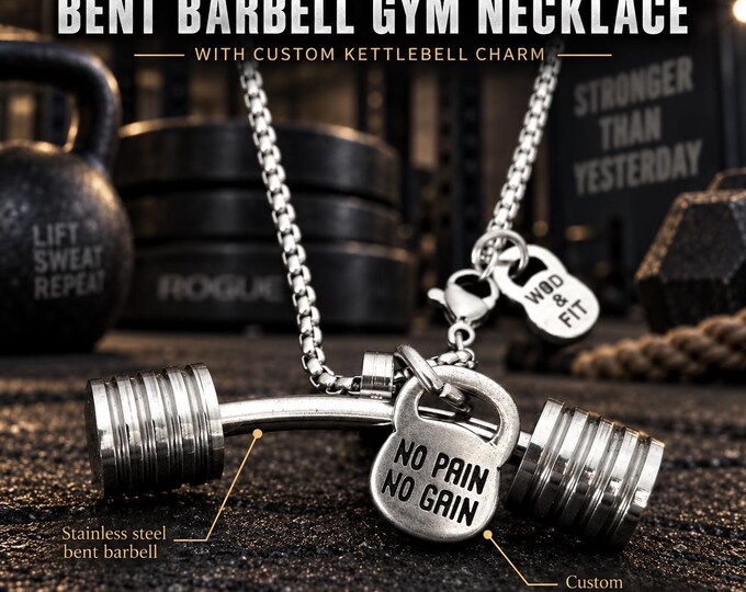 Stainless steel bent barbell gym necklace with custom kettlebell, fitness jewelry gift for lifter, athlete, coach or trainer · Wod & Fit