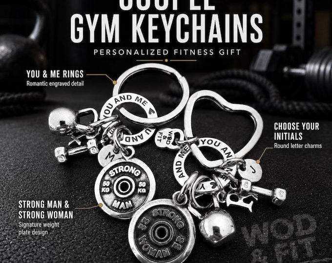 You and Me couples gym keyrings with Strong Man and Strong Woman plates, romantic fitness gift for him and her gym couple· Wod & Fit