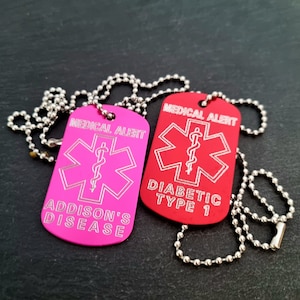 Medische tag ketting aluminium plaat aanpasbare gravering geen laser 50x30 medische informatie - medische waarschuwing sleutelhanger - diabetes - allergieën