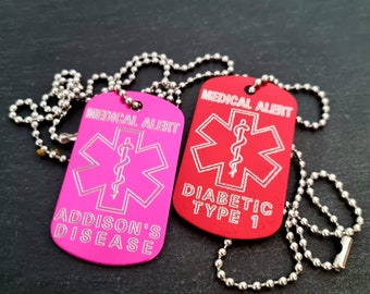Medical Alert Necklace Personalized Engraved Aluminum 50x30 - Medical ID Tag Necklace ·Info Emergency Necklace  ICE Medical Information Tag