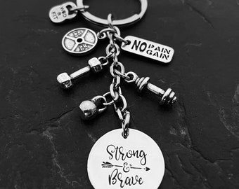 Keychain Strong & Brave,Dumbbell,Barbell,Kettlebell Your Motivational Word.Gym Gift,Bodybuilding,Fitness, Fitness Gift,Fit Mom, Fit Girl,Wod