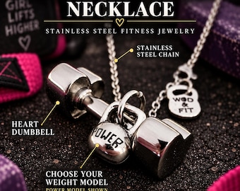 Women stainless steel heart dumbbell necklace, fitness jewelry gift for gym girl, female athlete, lifter, coach or fit mom Wod & Fit