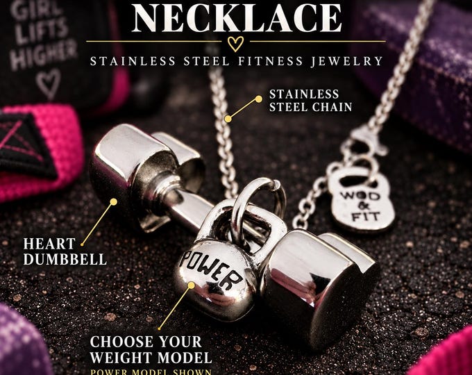 Women stainless steel heart dumbbell necklace, fitness jewelry gift for gym girl, female athlete, lifter, coach or fit mom Wod & Fit