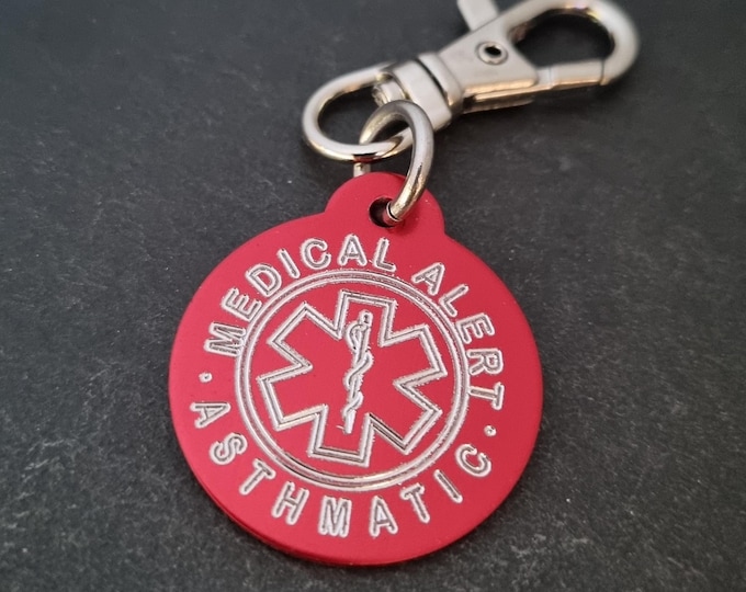 Emergency Medical Alert Custom Engraved Aluminum Round 32mm NO LASER - Medical Alert Keychain - Diabetes - Allergy - Medical Condition Info