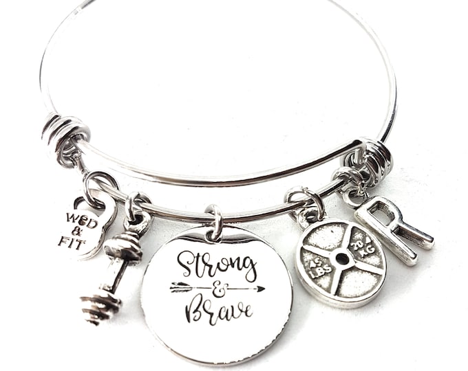Fitness Bracelet Strong and Brave · Initial Bracelet · Women Bracelet · Gym Gifts · Bff Gifts · Daughter Gift · I am enough ·GYM·Wod and Fit