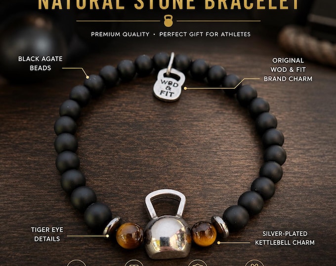Kettlebell Workout Bracelet - Onyx Fitness Jewelry for Gym Lovers Kettlebell Swings Workout · Fitness Bracelet -Perfect Coach Gift Wod & Fit