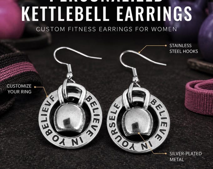 Personalized kettlebell earrings for women, fitness gym jewelry gift for gym girl, athlete, coach, trainer or friend Wod & Fit