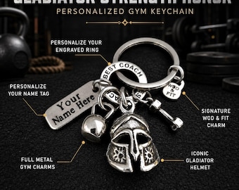 Gladiator Gym Keychain, Personalized Fitness Motivation Gift with Dumbbell and Custom Tag · Coach gift  Wod & Fit