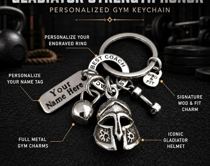 Gladiator Gym Keychain, Personalized Fitness Motivation Gift with Dumbbell and Custom Tag · Coach gift  Wod & Fit